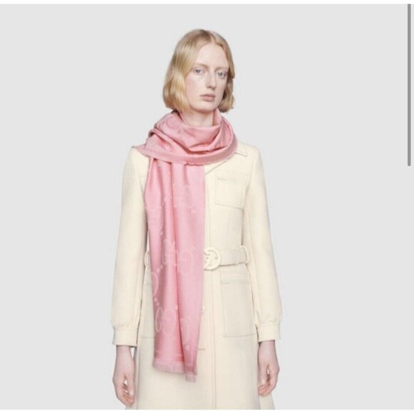 GUCCI Pink GG WOOL JACQUARD Logo Scarf Womens Size 45 cm x 195 cm - New - Auth - Picture 8 of 11